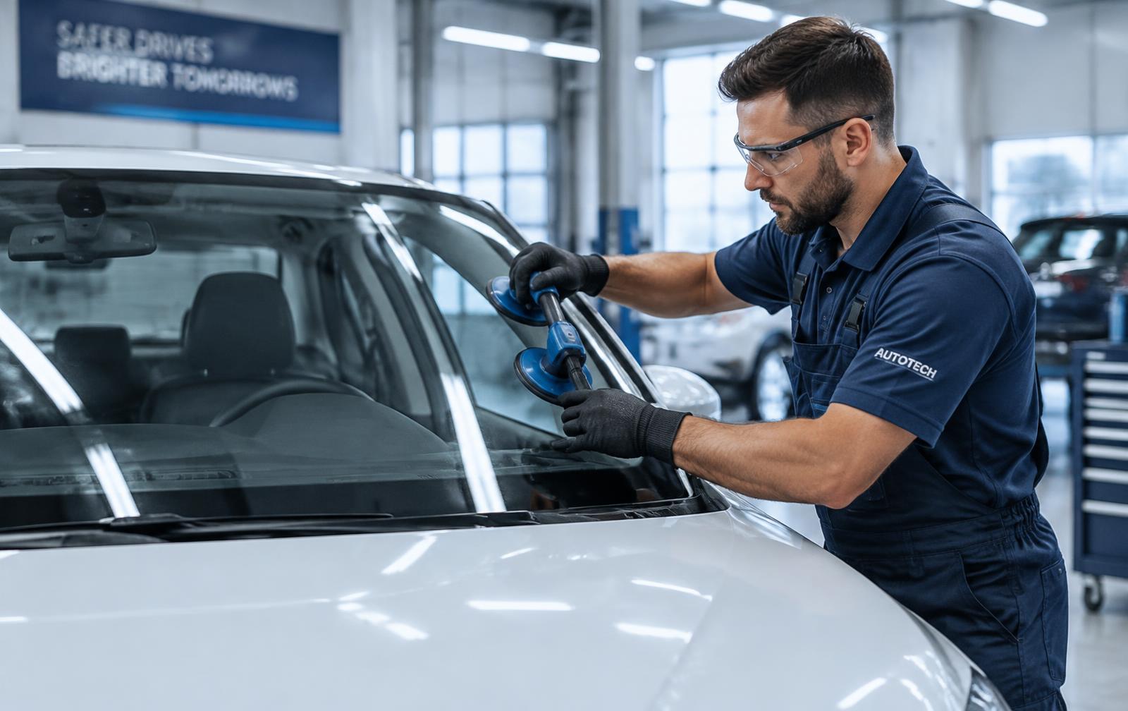 Technicien remplaçant un pare-brise